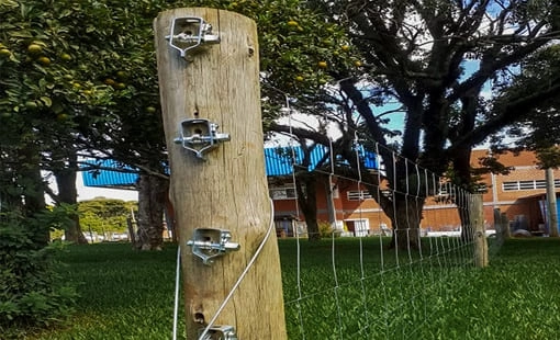 Imagem mostrando uma série de catracas de arame instaladas em um cercamento no ambiente rural próximo a um mourão de madeira